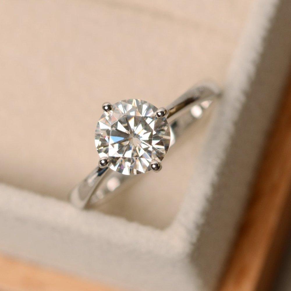 1Ct Round Excellent Moissanite Ring 14k White Gold